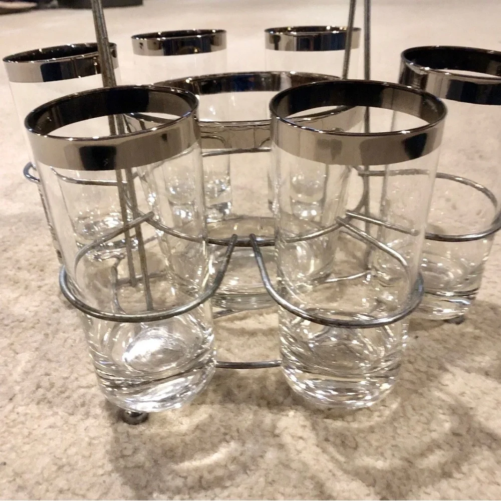 Vintage MCM Glass Dorothy Thorpe bar ware Set with Wooden Handle glasses/bucket